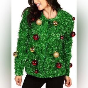 Tipsy Elves Green Tinsel Womens Jacket with Red and Gold Accents